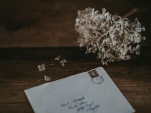 Weißer Briefumschlag liegt neben einer weißen Blume auf hellem Hintergrund, ideal als Symbolbild für E-Mails oder Kommunikation.