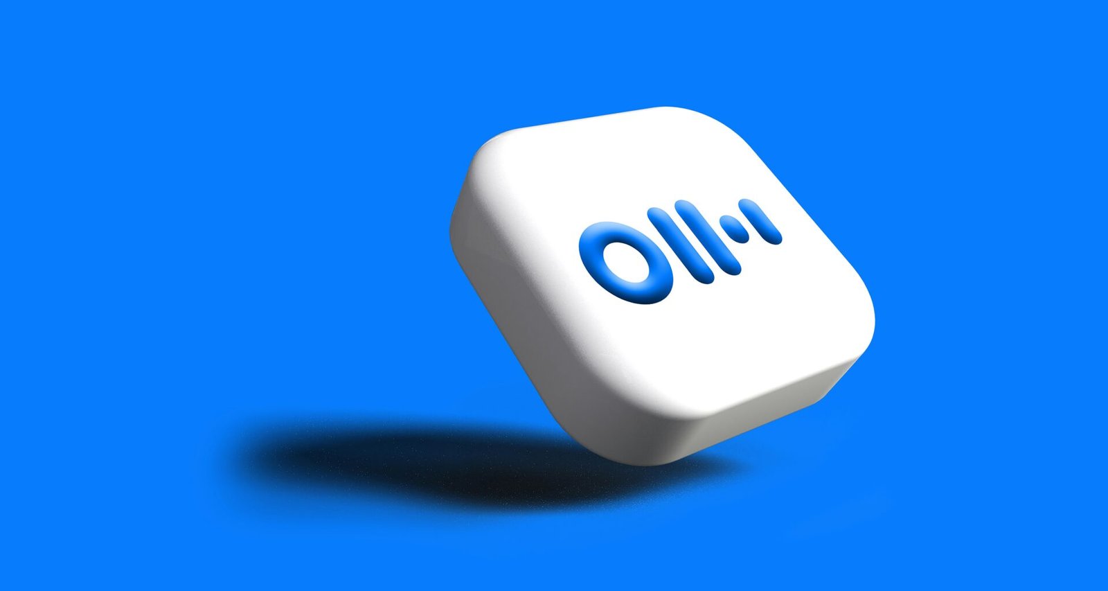 Weißer Würfel mit blauem Logo auf einem einfarbigen blauen Hintergrund, minimalistisches Designmotiv