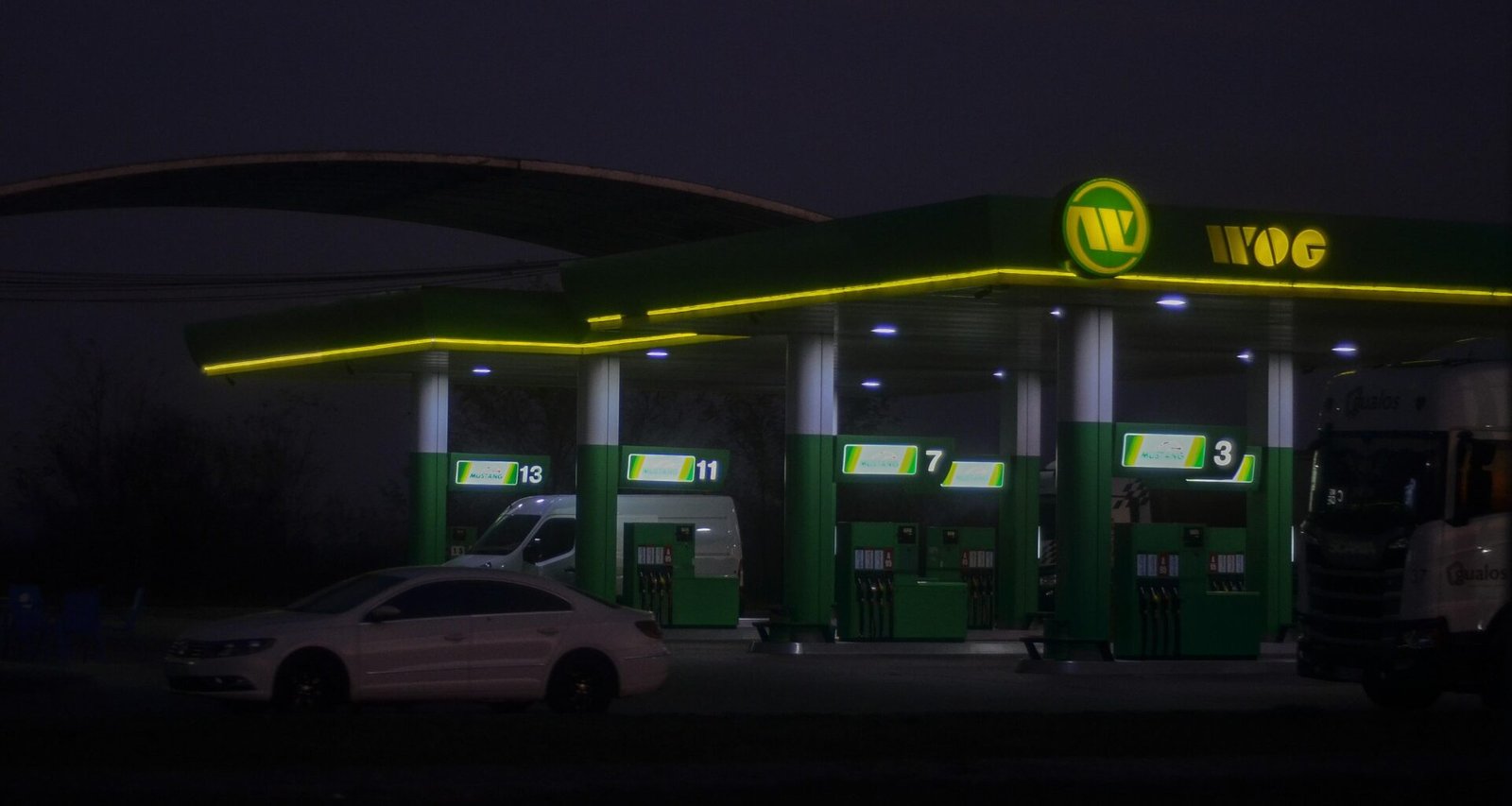 Moderne WOG Tankstelle mit überdachten Zapfsäulen und beleuchtetem WOG-Logo in städtischem Umfeld am Abend