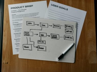 Workflow-Diagramm mit Produkt-Brief und Nutzerzielen auf einem Schreibtisch, visualisiert für Teamarbeit