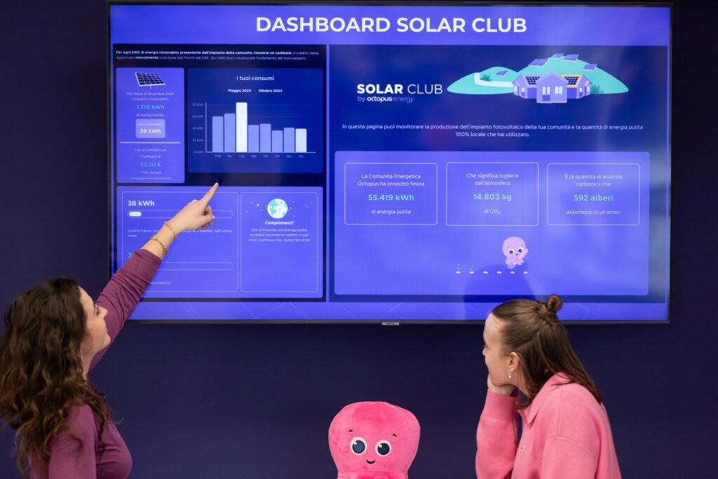 Zwei Frauen betrachten gemeinsam die Anzeige eines Solar-Dashboards in einem modernen Innenraum.