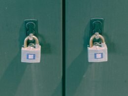 Zwei nebeneinander stehende grüne Spinde, beide mit silbernen Vorhängeschlössern gesichert, vor neutralem Hintergrund