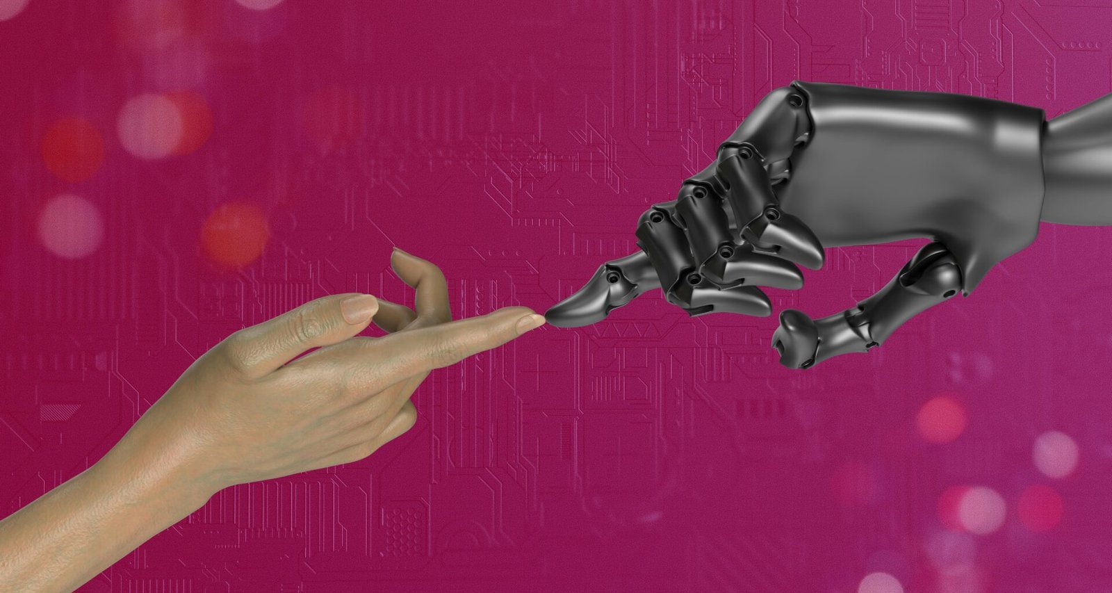 Zwei menschliche Hände, die sich vor einem rosa Hintergrund berühren, aufgenommen als Symbol für Verbindung und Zusammenarbeit