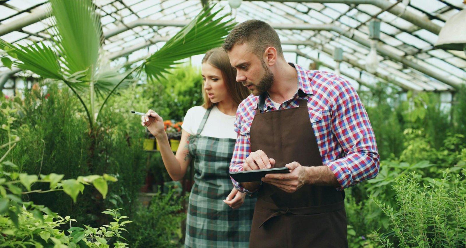Zwei Personen kümmern sich in einem modernen Gewächshaus um verschiedene Pflanzen. Sie arbeiten gemeinsam an Tischen zwischen den Gewächsen.