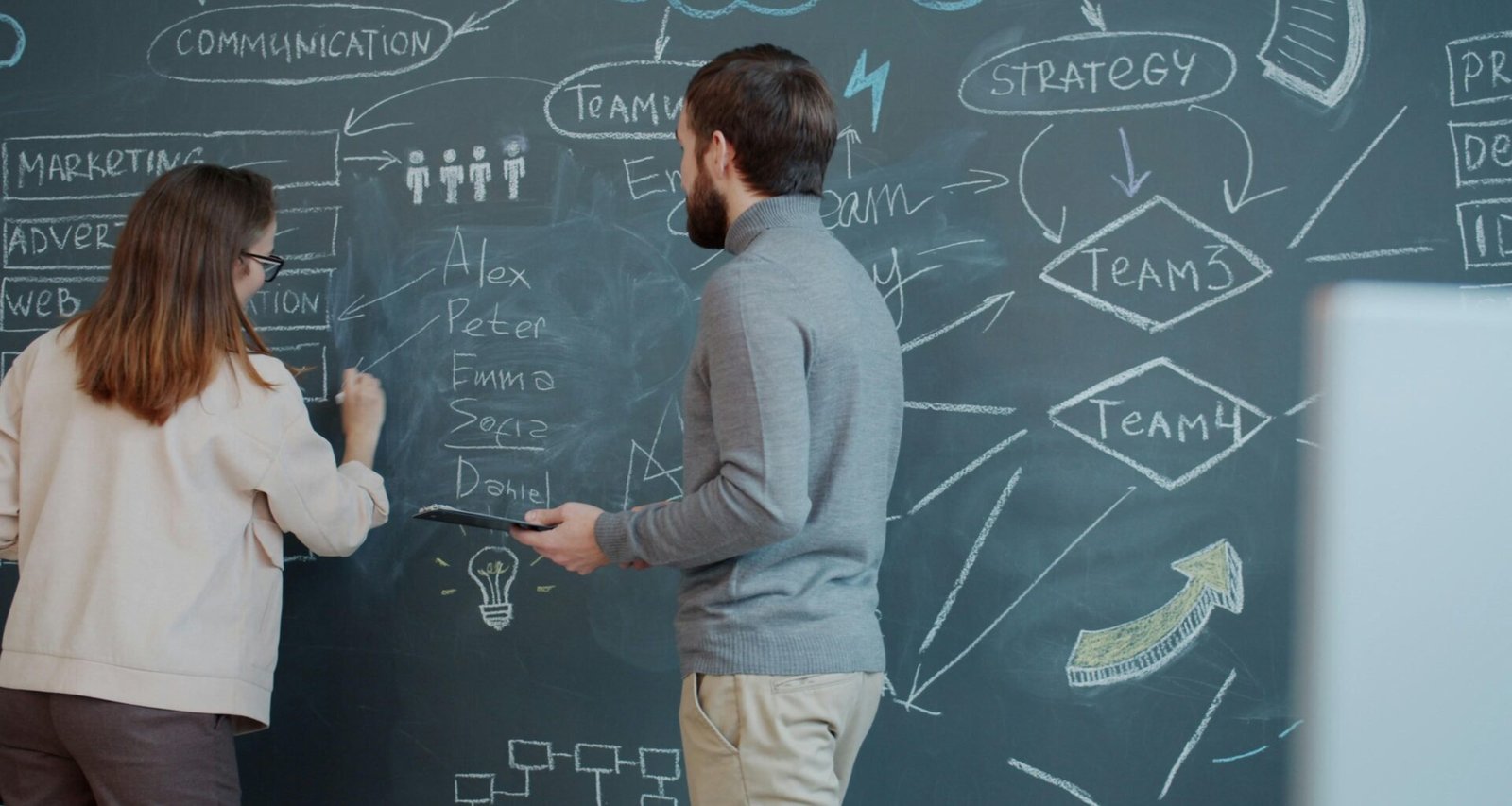 Zwei Menschen planen gemeinsam mit Diagrammen und Zeichnungen auf einer großen Tafel für ein Projektmeeting.
