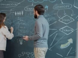 Zwei Menschen planen gemeinsam mit Diagrammen und Zeichnungen auf einer großen Tafel für ein Projektmeeting.