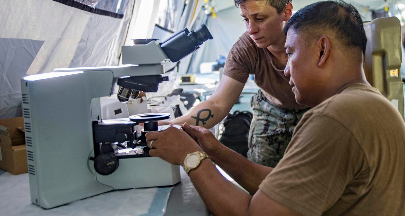 Zwei Personen nutzen ein Mikroskop im Labor, während sie an wissenschaftlichen Untersuchungen und Analysen arbeiten.