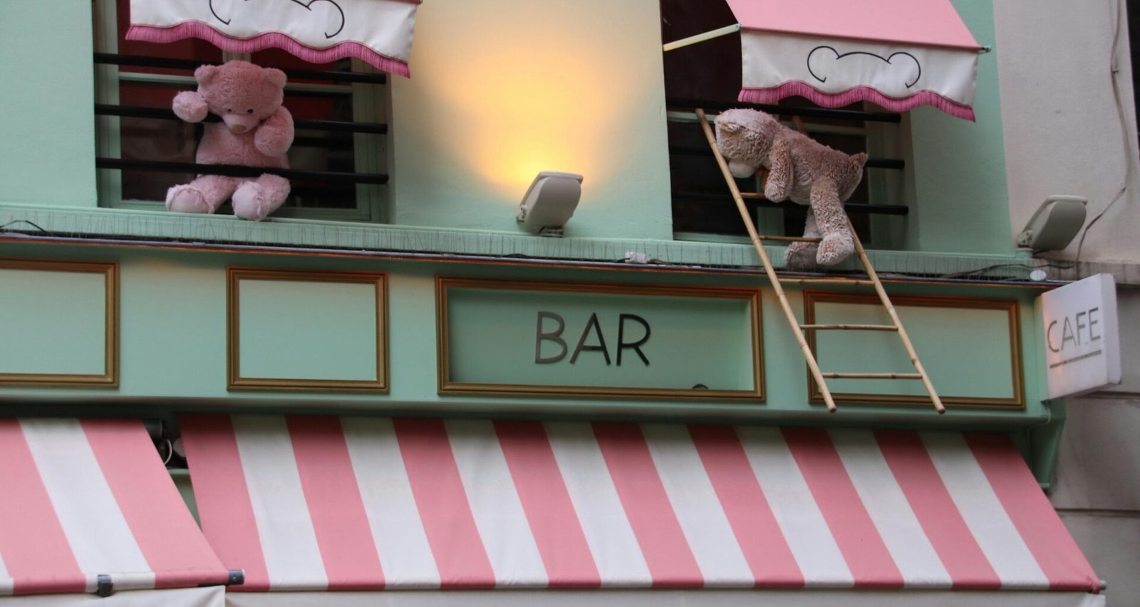 Zwei Teddybären sind auf einer Fassade eines Gebäudes angebracht und bilden einen auffälligen Hingucker im urbanen Umfeld.