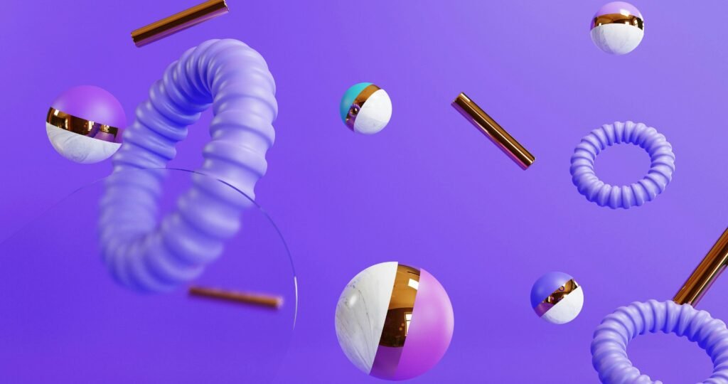 Abstrakte 3D-Formen schweben in einer lila Umgebung mit futuristischer Ausstrahlung, inspiriert von digitalen Technologien.