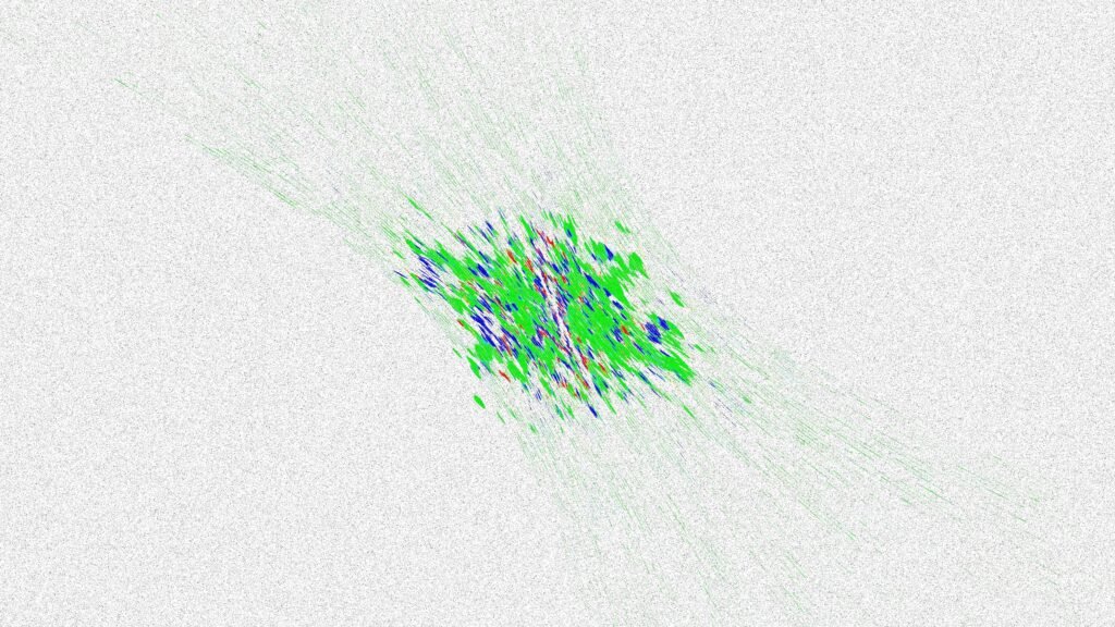 Abstraktes grünes und blaues Fraktalmuster auf weißem Hintergrund, ideal für Technologie-Artikel oder moderne Designs