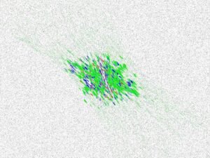 Abstraktes grünes und blaues Fraktalmuster auf weißem Hintergrund, digitale Kunst mit geometrischen Formen