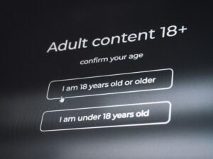 Hinweisfenster zur Altersüberprüfung mit der Aufforderung, das Mindestalter von 18 Jahren für Erwachsenen-Inhalte zu bestätigen