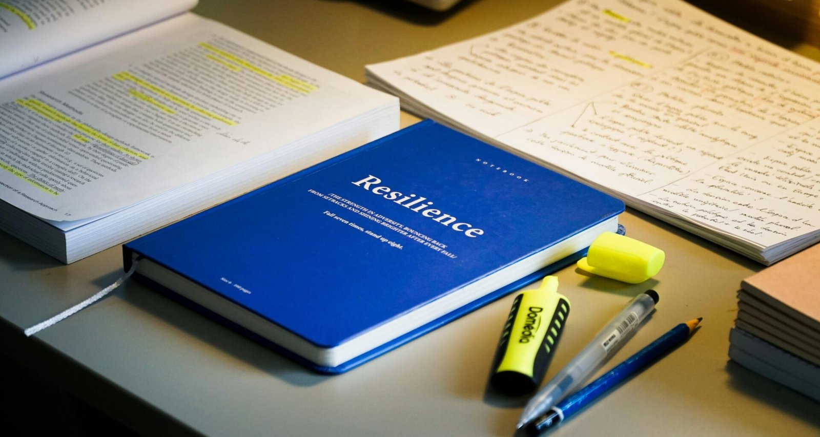 Blaues Buch mit dem Titel Resilienz, umgeben von Lernmaterialien und Stiften auf einem Schreibtisch.