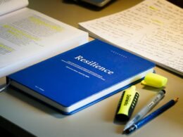 Blaues Buch mit dem Titel Resilienz, umgeben von Lernmaterialien und Stiften auf einem Schreibtisch.