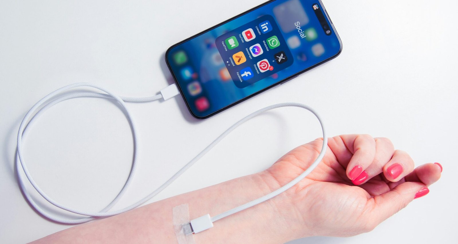 Nahaufnahme eines weiblichen Arms, der ein Smartphone hält, an das ein Ladegerät angeschlossen ist.