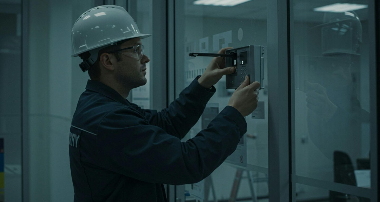 Ein Bauarbeiter inspiziert auf einer Baustelle eine installierte Türrahmenkonstruktion, Fokus liegt auf dem Eingangsbereich.