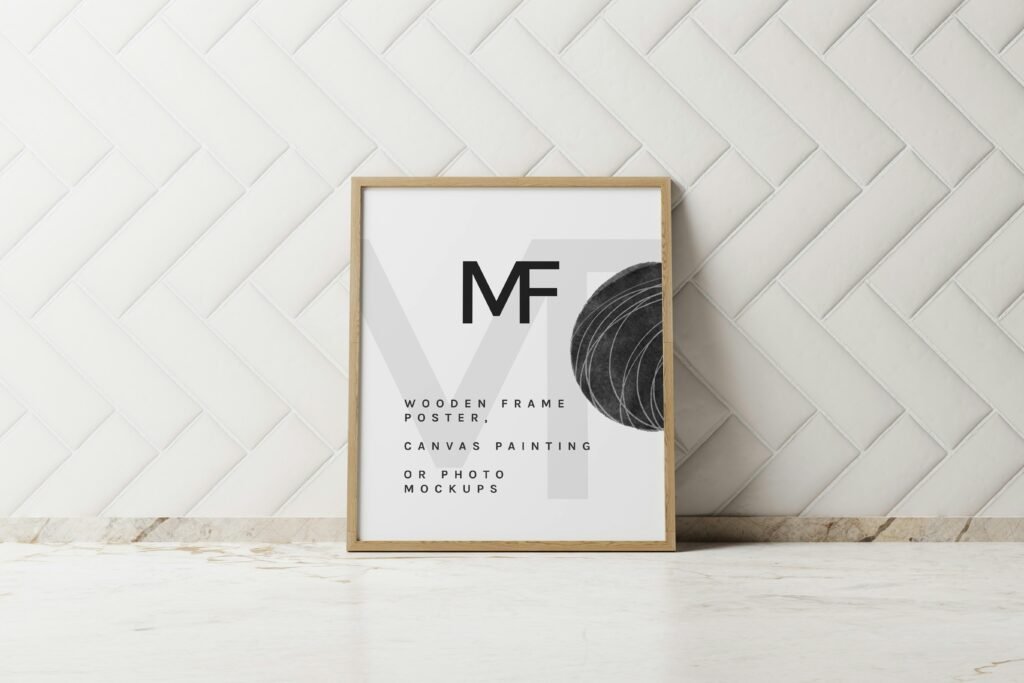 Bilderrahmen auf einem Tresen, platziert neben einer neutralen Wand, Interior-Design-Motiv für moderne Räume