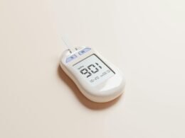 Digitales Thermometer auf beigem Hintergrund, geeignet zur Temperaturmessung bei Technologie- und Gesundheitsthemen.