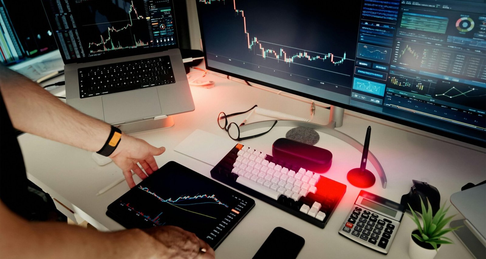 Ein Mann sitzt an einem Schreibtisch mit zwei Monitoren und einem Laptop, ideale Umgebung für digitales Arbeiten.