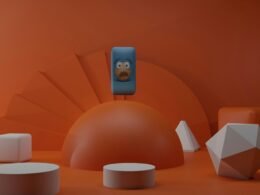 Cartoon-Figur hält ein Smartphone vor einem orangefarbenen Hintergrund, moderne Illustration für Online-Kommunikation.