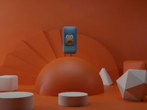 Cartoon-Figur telefoniert mit einem Smartphone vor orangenem Hintergrund, modernes verspieltes Motiv