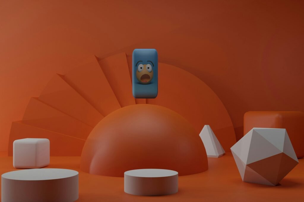 Cartoon-Figur hält ein Smartphone am Ohr vor einem intensiven orangefarbenen Hintergrund