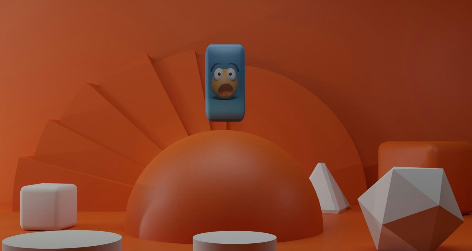 Cartoon-Figur hält ein Smartphone am Ohr vor einem intensiven orangefarbenen Hintergrund