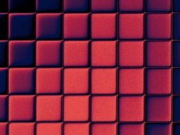 Raster aus roten und blauen Quadraten mit Schatten, das digitale Muster und Struktur symbolisiert