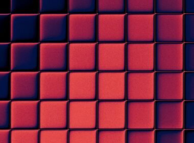 Raster aus roten und blauen Quadraten mit Schatten, das digitale Muster und Struktur symbolisiert