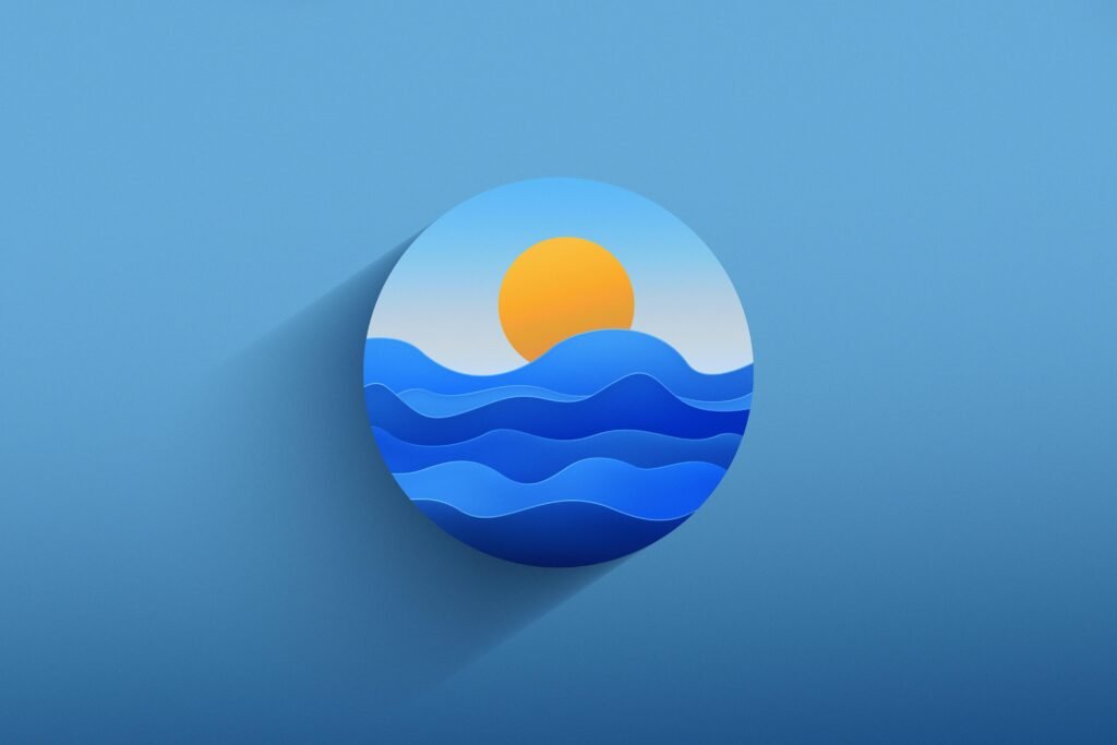 Papierausschnitt eines Sonnenuntergangs über einer Wasseroberfläche, passend zu digitalen Design-Themen