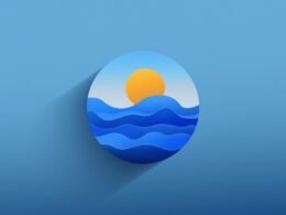 Minimalistische Papier-Cut-Darstellung eines Sonnenuntergangs über einer Wasserfläche, erstellt im stilisierten Design