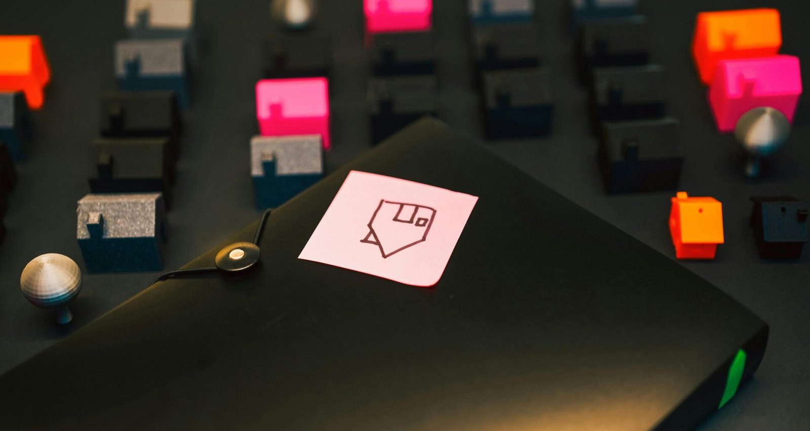 Schwarzer Aktenordner mit aufgeklebter gelber Haftnotiz auf einem grauen Hintergrund, geeignet für Büroorganisation.