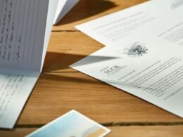 Ein Stapel Papiere liegt auf einem hellen Holztisch, im Fokus steht die Arbeitsorganisation im Büro.