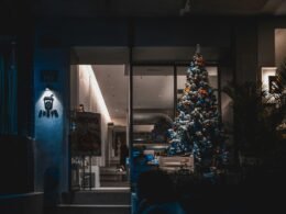 Ein Weihnachtsbaum mit Lichtern steht als einzige Lichtquelle in einem dunklen Raum