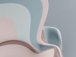 Weißer Stuhl mit weißem Kissen vor neutralem Hintergrund, modernes minimalistisches Möbelstück für Büro oder Zuhause