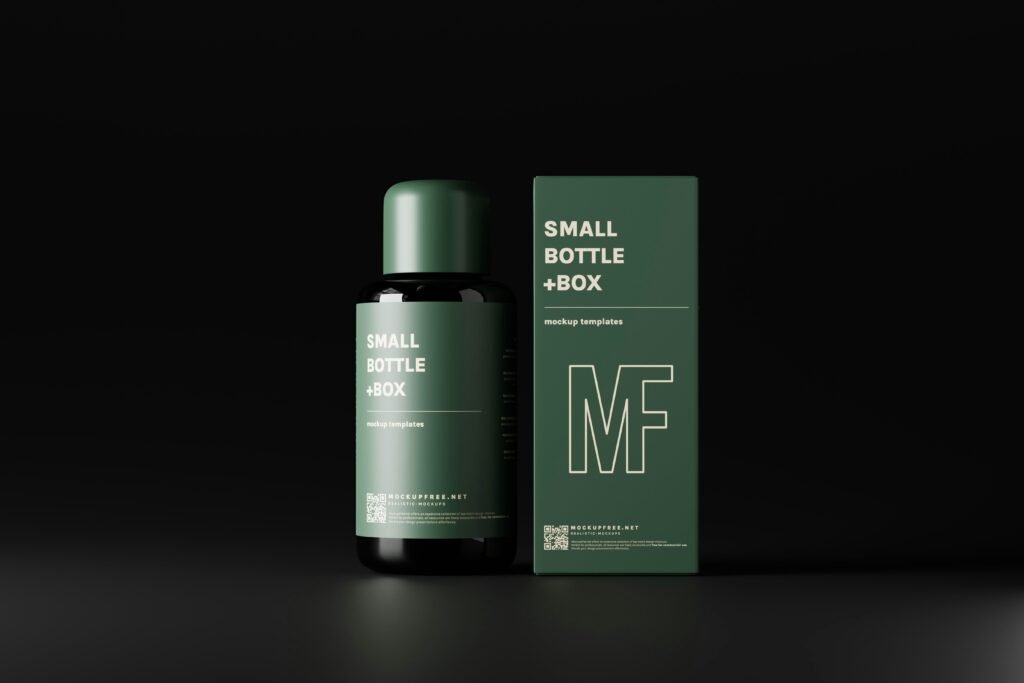Eine MF-Snail-Produktflasche aus Glas steht neben einer rechteckigen Box auf hellem Hintergrund.