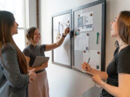 Eine Gruppe von Frauen steht zusammen vor einem Whiteboard und bespricht gemeinsam ein Projekt oder eine Präsentation im Büro.