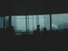 Eine Gruppe von Personen steht gemeinsam vor einem großen Fenster im Büro, die Silhouetten zeigen Teamarbeit.