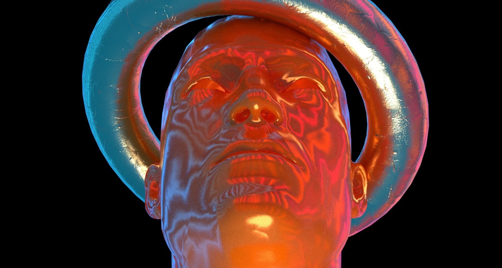 Nahaufnahme eines Menschen mit einem runden Halsring, Fokus auf den Halsbereich und das Accessoire