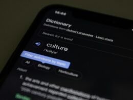 Nahaufnahme eines Smartphones mit geöffneter Wörterbuch-Anwendung auf dem Bildschirm