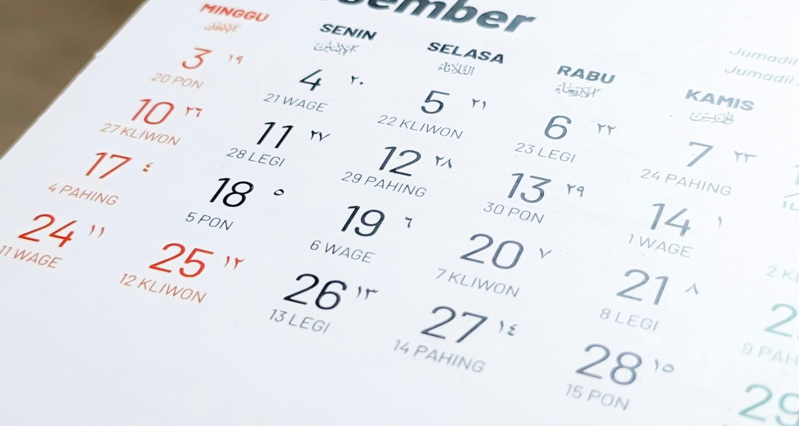 Detailansicht eines Papierkalenders auf einem hellen Tisch mit klar lesbarer Datumsanzeige.