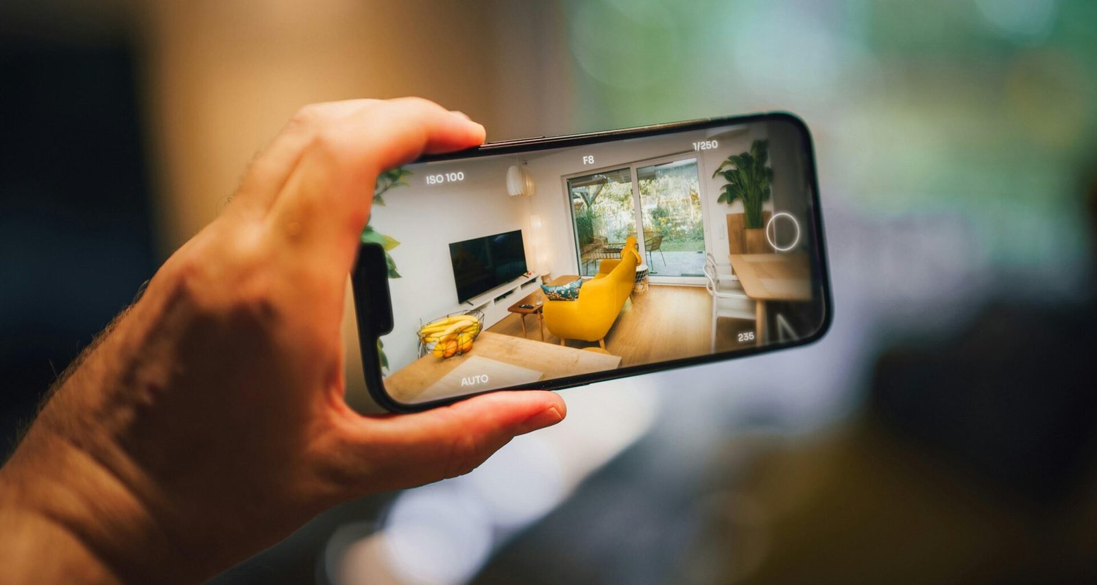 Eine Person fotografiert ein helles, modern eingerichtetes Wohnzimmer mit Smartphone oder Kamera aus der Perspektive hinter dem Fotografen