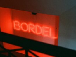 Leuchtendes rotes Neonzeichen mit dem Schriftzug bordil an einer Wand, fotografiert bei Nacht