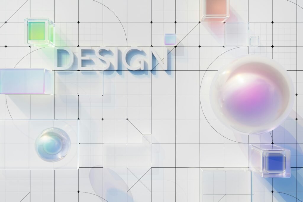 Weiße, geflieste Wand mit dem Wort Design als grafisches Element, fotografiert von Milad Fakurian