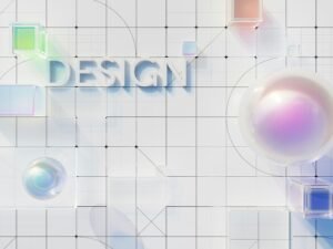 Weiße, geflieste Wand mit dem Wort Design als grafisches Element, fotografiert von Milad Fakurian