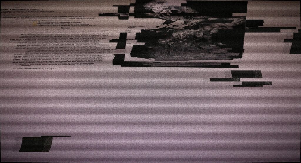 Glitchiger digitaler Bildschirm mit abstrakten Mustern und sichtbaren Textelementen, aufgenommen von Egor Komarov.