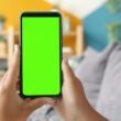 Nahaufnahme von Händen, die ein Smartphone mit grünem Display halten, geeignet für digitale Präsentationen