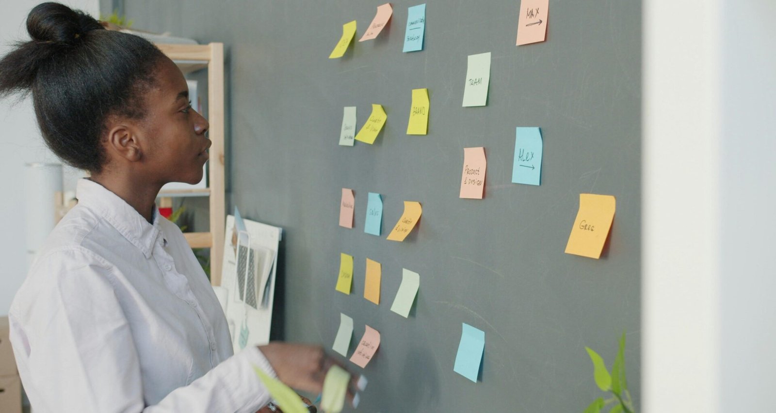 Junge Frau steht vor einer Wand mit farbigen Haftnotizen und prüft Aufgaben oder Ideen für ein Projekt.