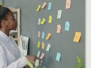 Junge Frau steht vor einer Wand mit farbigen Haftnotizen und prüft Aufgaben oder Ideen für ein Projekt.