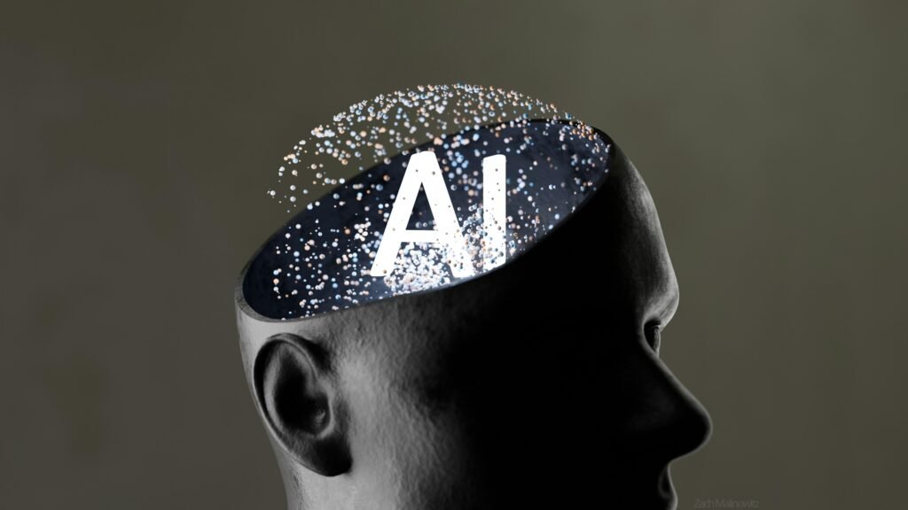 Abbildung eines stilisierten menschlichen Kopfes mit digitalen Elementen als Symbol für künstliche Intelligenz